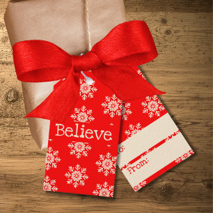 Believe Red White Snowflakes Christmas Gift Tags