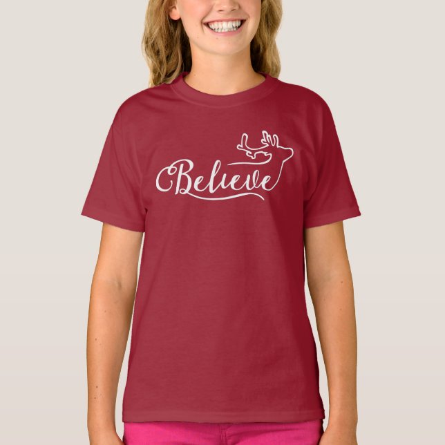 Believe Reindeer Script Shirt – Minimal Christmas  (Front)