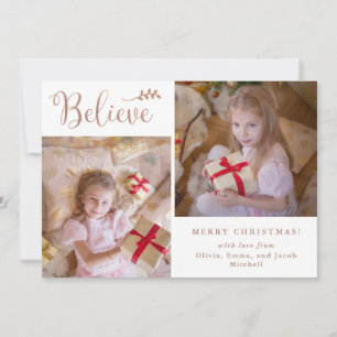 Believe   Rose Gold Christmas Photo Collage Holiday Card