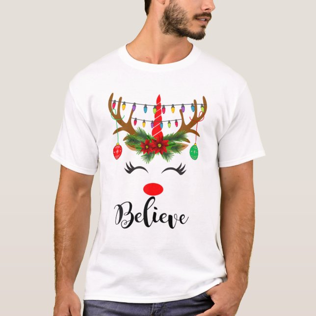 Believe Rudolph The Reindeer Face Light Christmas T-Shirt (Front)