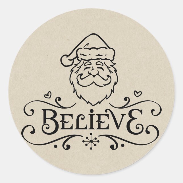 BELIEVE Rustic SANTA Christmas Holiday Favour Trea Classic Round Sticker (Front)