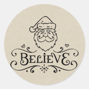 BELIEVE Rustic SANTA Christmas Holiday Favour Trea Classic Round Sticker