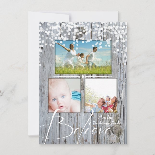 Believe Rustic Wood Sparkle Stars Christmas Holiday Card (Front)