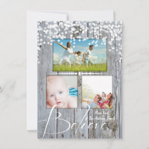 Believe Rustic Wood Sparkle Stars Christmas Holiday Card