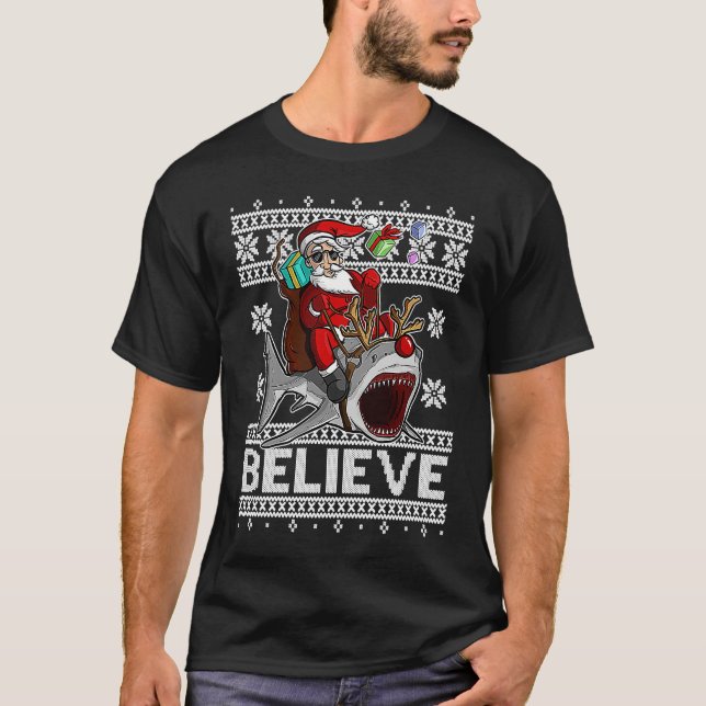 Believe Santa Claus Riding Reindeer Shark with Red T-Shirt (Front)