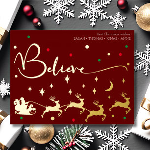 Believe santa sleigh gold elegant christmas card