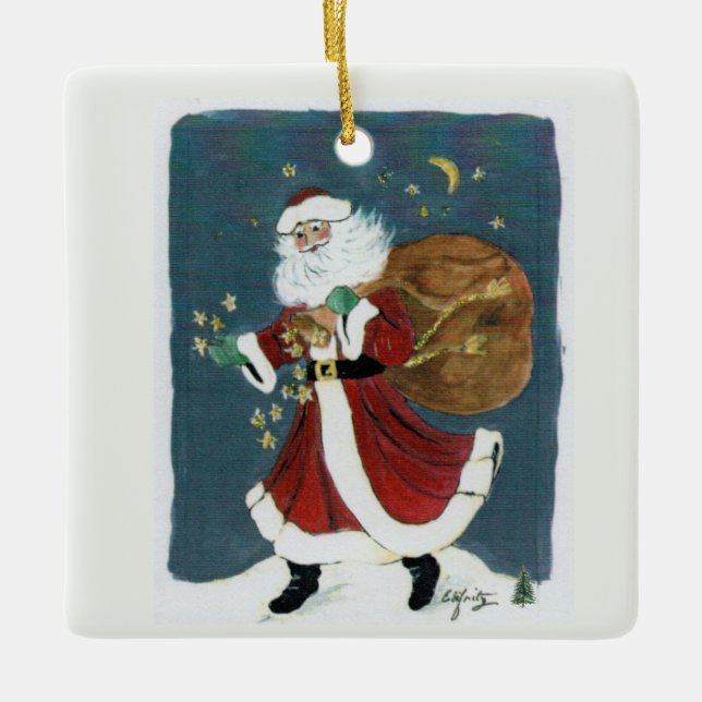 "Believe" Santa Watercolor Painting text  Ceramic Ornament (Front)