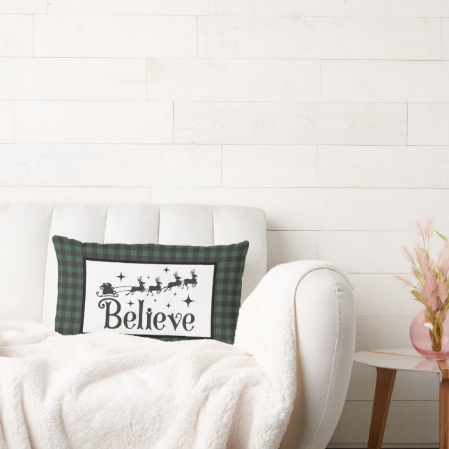 Believe-Santa's Sleigh-Green & Black Buffalo Plaid Lumbar Cushion (Couch)