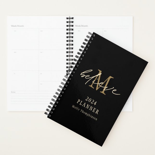 Believe Script 2024 Monogram Initial Name Black  Planner (Display)