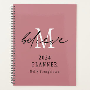 Believe Script 2024 Monogram Initial Name Pink Planner