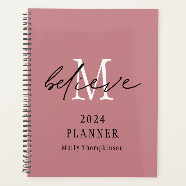 Believe Script 2024 Monogram Initial Name Pink Planner (Front)