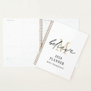 Believe Script 2024 Monogram Initial Name White Planner