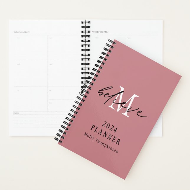 Believe Script 2024 Name Monogram Initial Pink Planner (Display)