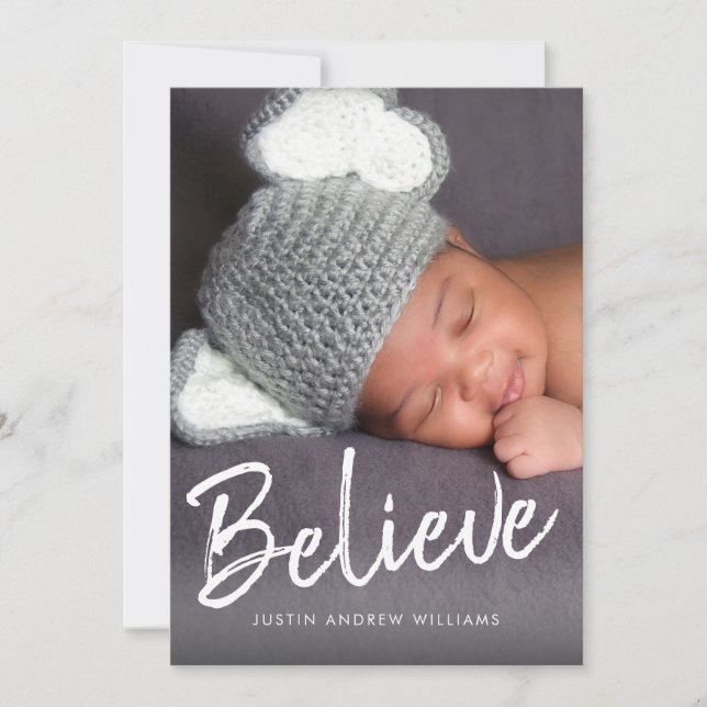 Believe Script Baby's First Christmas Modern Photo Holiday Card (Front)
