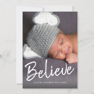 Believe Script Baby's First Christmas Modern Photo Holiday Card