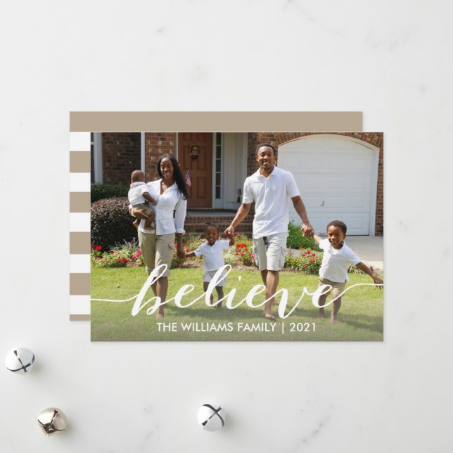 Believe Script Christmas Family Holiday Photo Card (Front/Back In Situ)