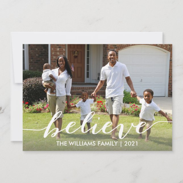 Believe Script Christmas Family Holiday Photo Card (Front)