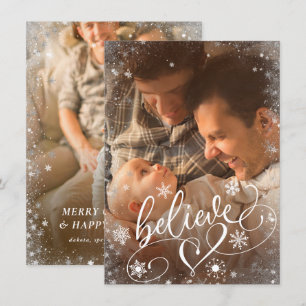 Believe Script Christmas Snowflake 2 Photo Holiday Card