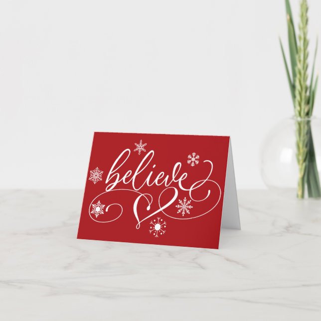Believe Script | Christmas Snowflake Flourish Holiday Card (Front)