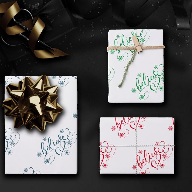 Believe Script | Classy Holiday Snowflake Flourish Wrapping Paper Sheet (Creator Uploaded)