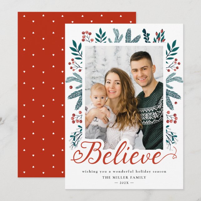 Believe Script Festive Holly Berries Pine Photo Holiday Card (Front/Back)