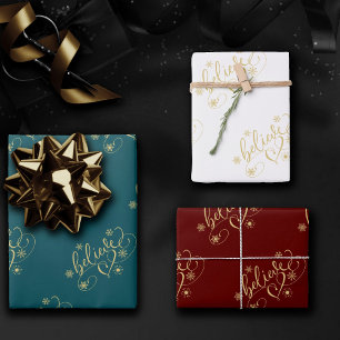 Believe Script Gold Holiday Snowflake Flourish Wrapping Paper Sheet