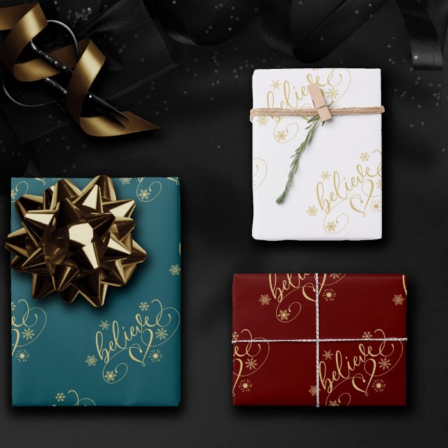 Believe Script | Gold Holiday Snowflake Flourish Wrapping Paper Sheet (Creator Uploaded)