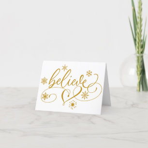 Believe Script   Gold Snowflake Flourish Christmas Holiday Card