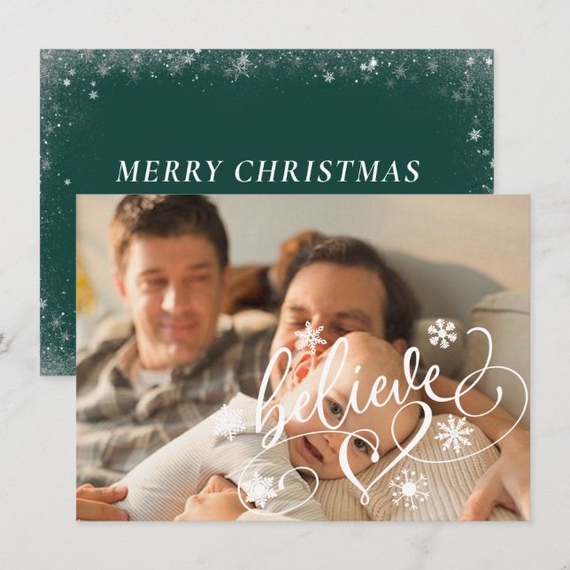 Believe Script | Green Christmas Snowflake Photo Holiday Card (Front/Back)
