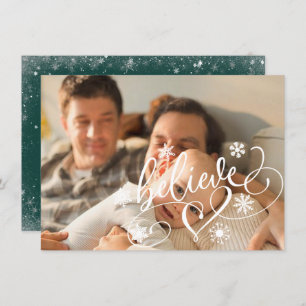 Believe Script   Green Christmas Snowflake Photo Holiday Card