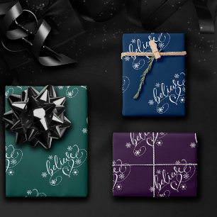 Believe Script   Moody Jewel Tone Holiday Flourish Wrapping Paper Sheet