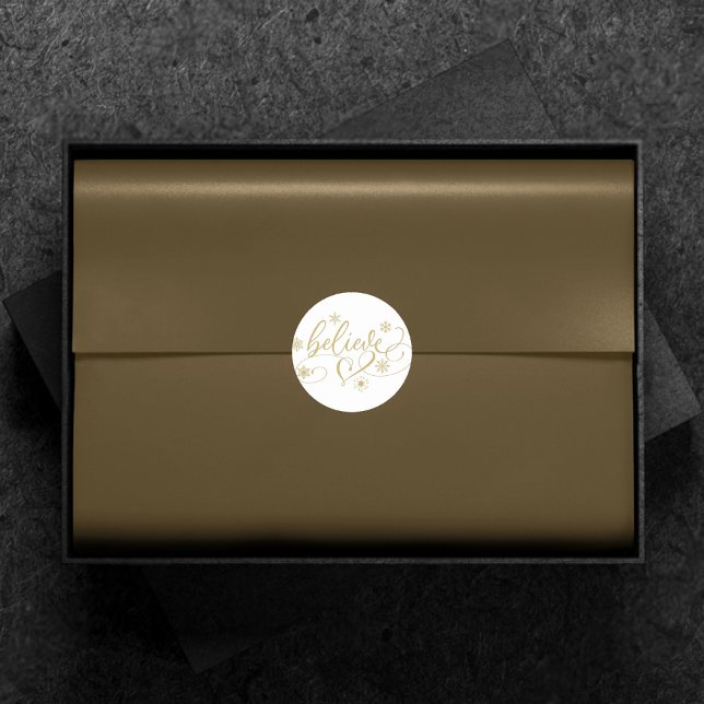 Believe Script | Sepia Gold Snowflake Flourish Classic Round Sticker (Creator Uploaded)