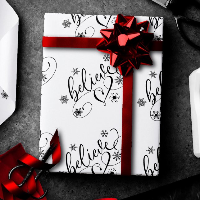 Believe Script | Simple Holiday Snowflake Flourish Wrapping Paper (Creator Uploaded)