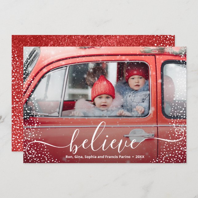 BELIEVE Script Snowflake Photo Holiday Card (Front/Back)