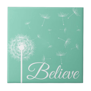 Believe Script White Dandelion Silhouette Tile