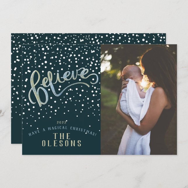 Believe Snow Photo Holiday Card (Front/Back)
