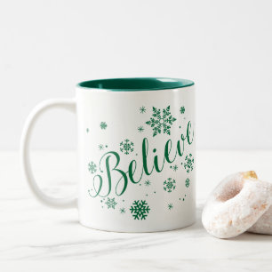 "Believe" Snowflake Holiday Graphic Mug, Green Two-Tone Coffee Mug