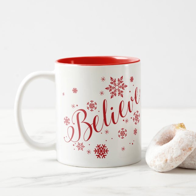 "Believe" Snowflake Holiday Graphic Mug, Red Two-Tone Coffee Mug (With Donut)