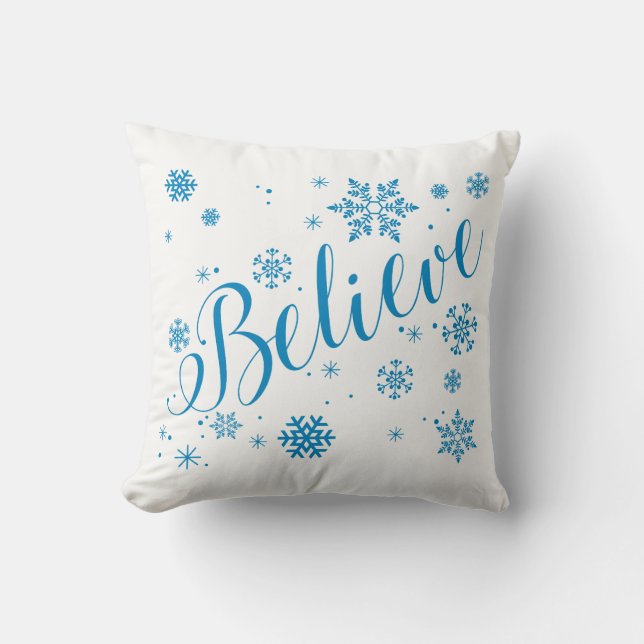 "Believe" Snowflake Holiday Graphic Pillow, Blue Cushion (Front)