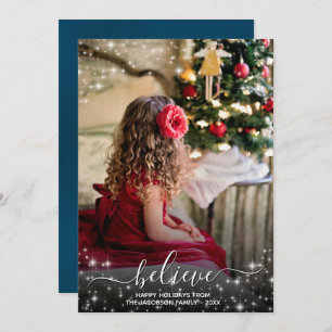 Believe - Sparkle Stars Photo Blue Christmas Holiday Card