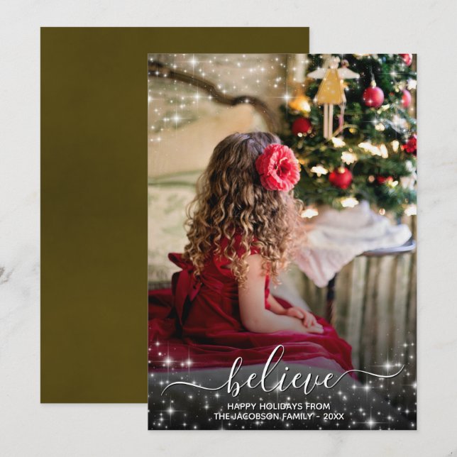 Believe - Sparkle Stars Photo Gold Christmas Holiday Card (Front/Back)