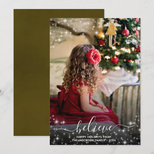 Believe - Sparkle Stars Photo Gold Christmas Holiday Card