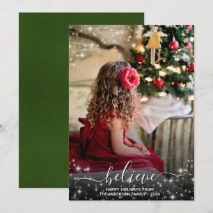 Believe - Sparkle Stars Photo Green Christmas Holiday Card