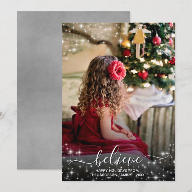 Believe - Sparkle Stars Photo Grey Christmas Holiday Card (Front/Back)