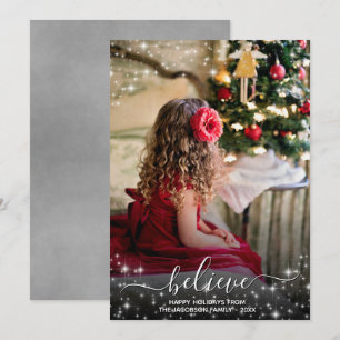 Believe - Sparkle Stars Photo Grey Christmas Holiday Card