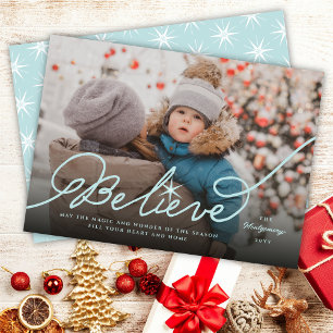 Believe Star Aqua Blue Calligraphy Christmas Photo Holiday Card