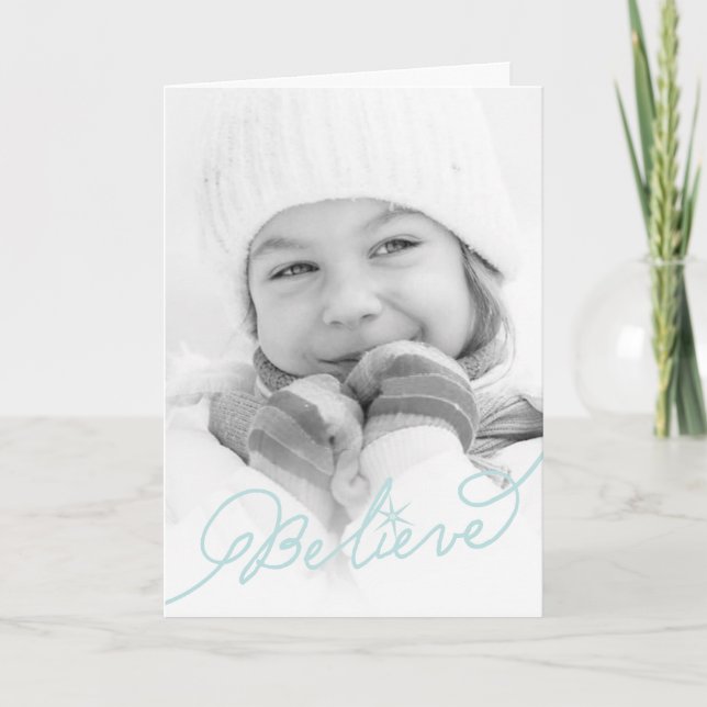 Believe Star Aqua Blue Calligraphy Christmas Photo Holiday Card (Front)