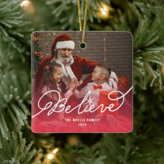Believe Star Calligraphy Religious Christmas Photo Ceramic Ornament