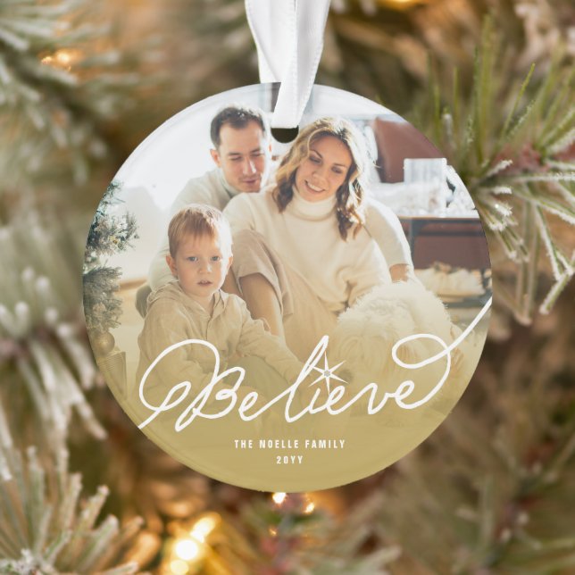 Believe Star Calligraphy Religious Christmas Photo Ornament (Tree)