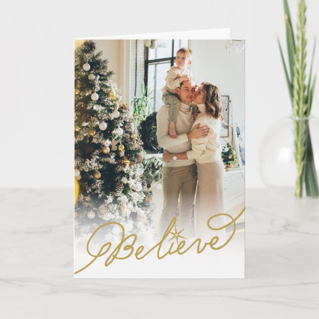 Believe Star Gold Calligraphy Christmas Photo Holiday Card (Front)